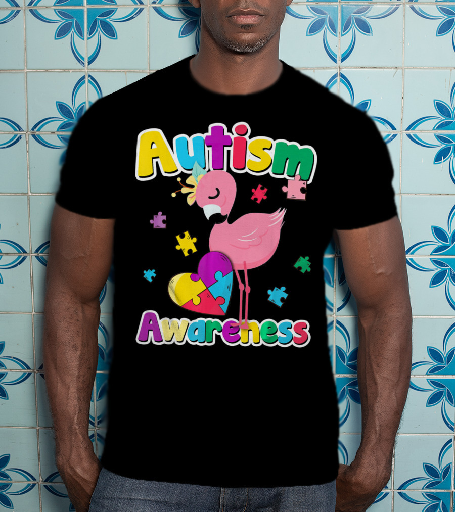 Autism Awareness Flamingo Heart Puzzle Pieces T-Shirt