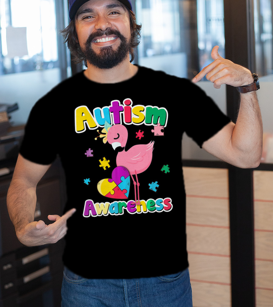 Autism Awareness Flamingo Heart Puzzle Pieces T-Shirt