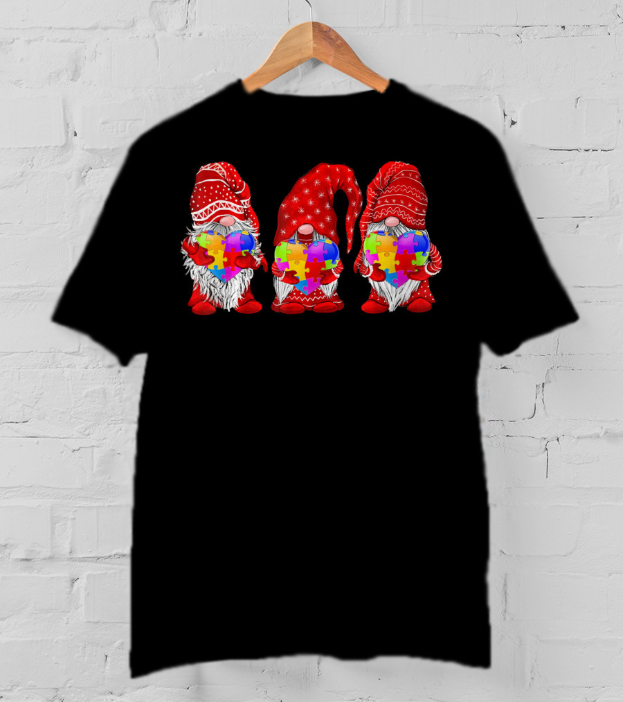 Autism Awareness Gnomies Red Hats Holding Colorful Puzzle Pieces T-Shirt