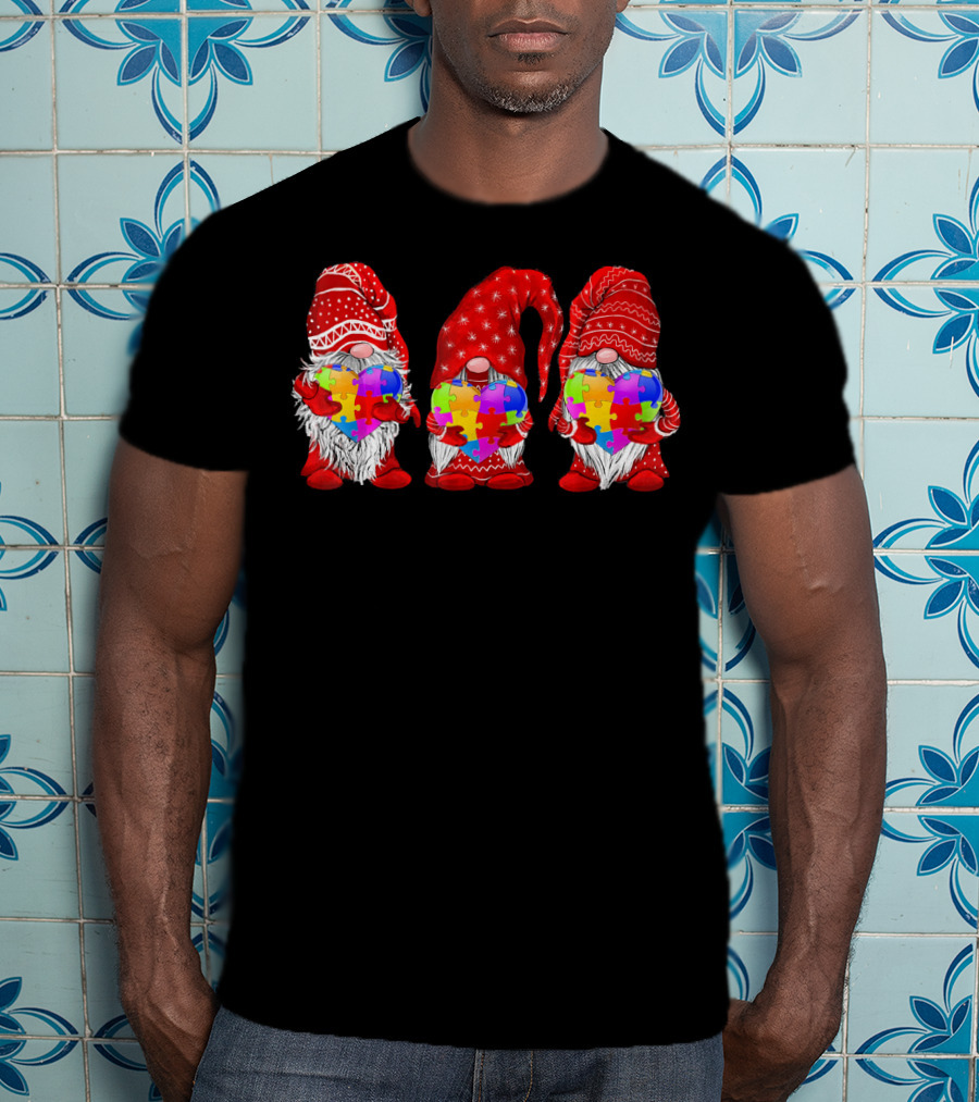 Autism Awareness Gnomies Red Hats Holding Colorful Puzzle Pieces T-Shirt
