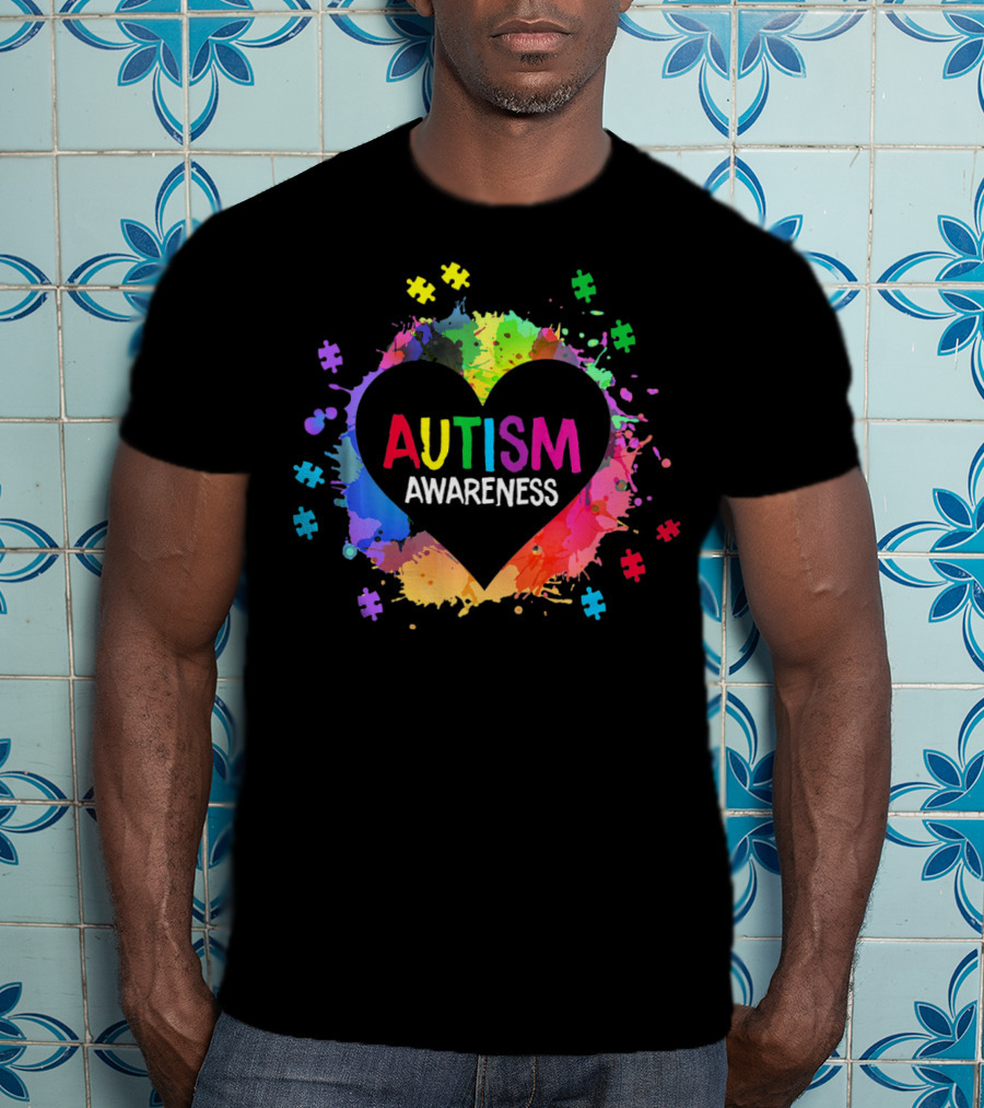 Autism Awareness Colorful Heart Puzzle Splash T-Shirt