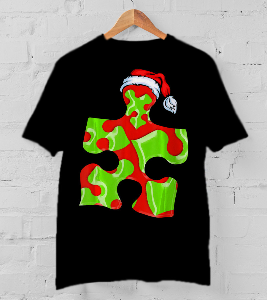 Puzzle Piece Santa Hat Red Green Autism Awareness T-Shirt