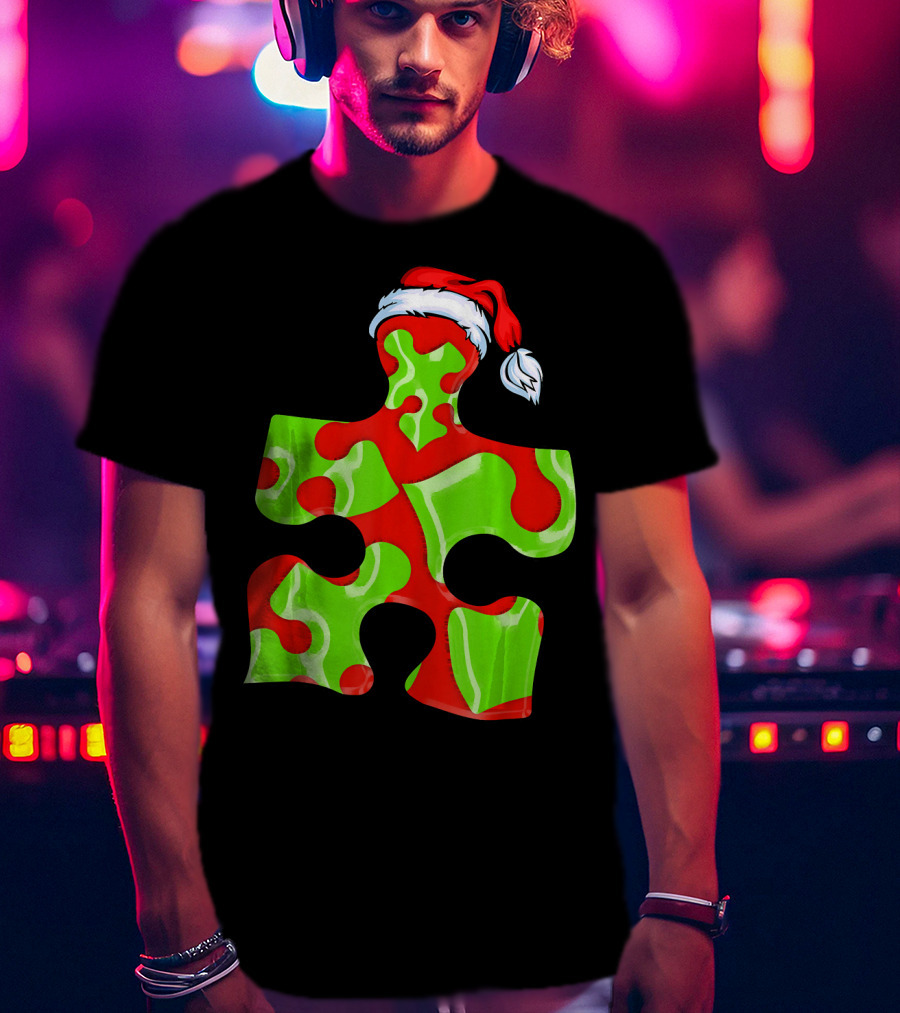 Puzzle Piece Santa Hat Red Green Autism Awareness T-Shirt