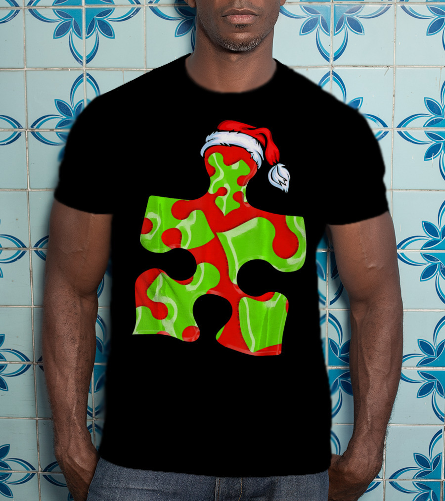 Puzzle Piece Santa Hat Red Green Autism Awareness T-Shirt