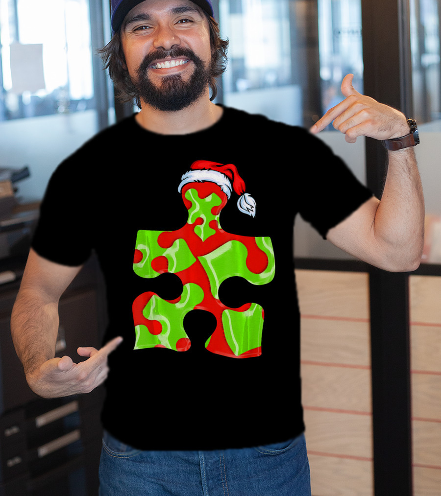 Puzzle Piece Santa Hat Red Green Autism Awareness T-Shirt