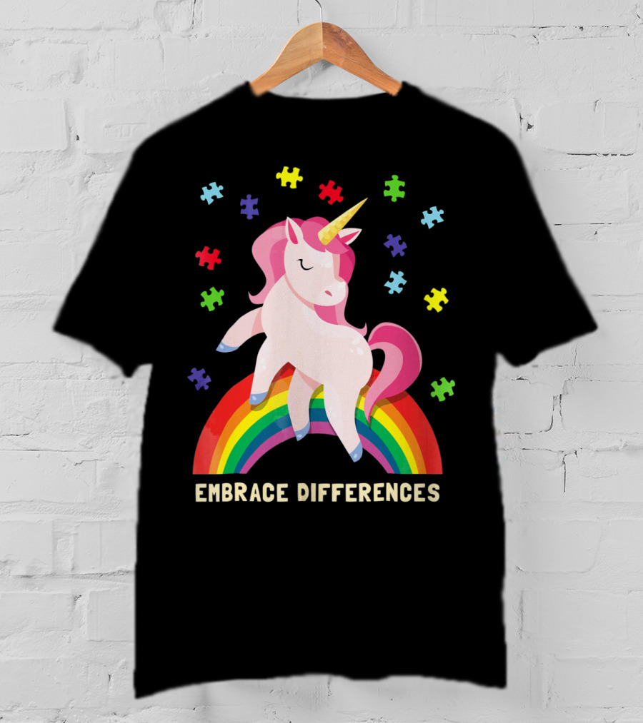 Embrace Differences Autism Awareness Youth Unicorn Rainbow Puzzle Pieces T-Shirt