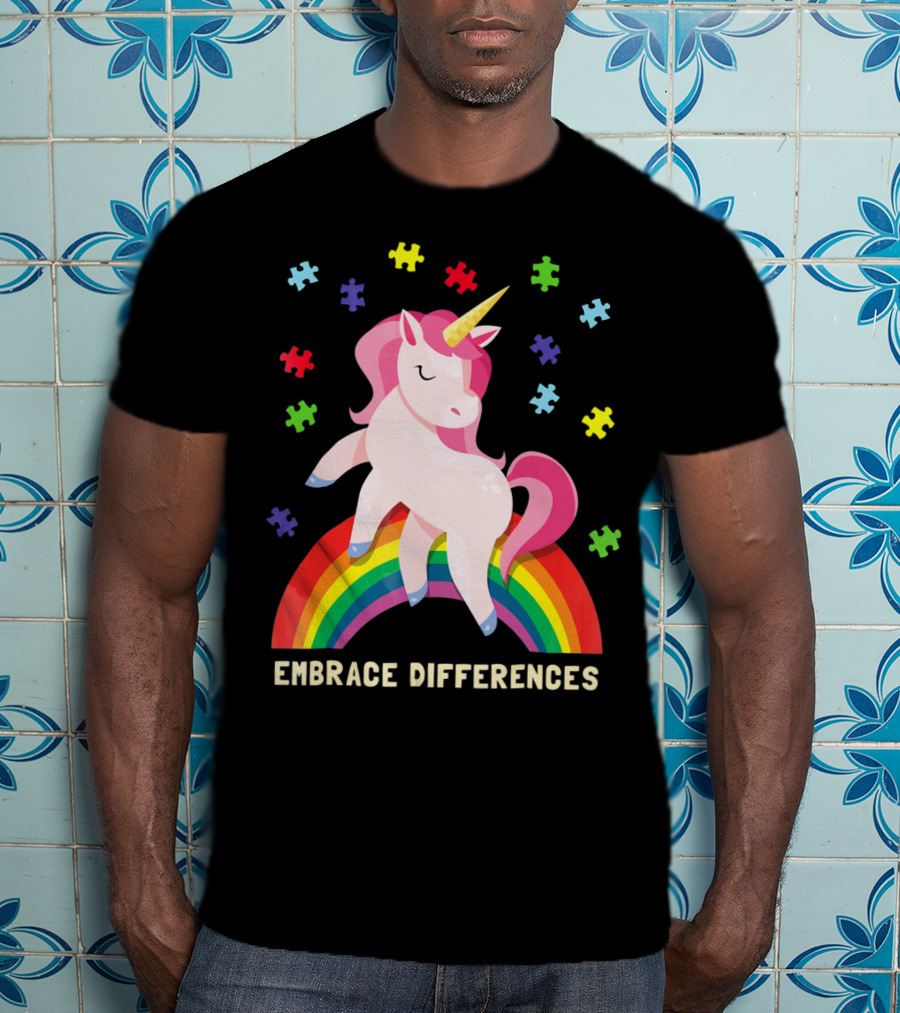 Embrace Differences Autism Awareness Youth Unicorn Rainbow Puzzle Pieces T-Shirt