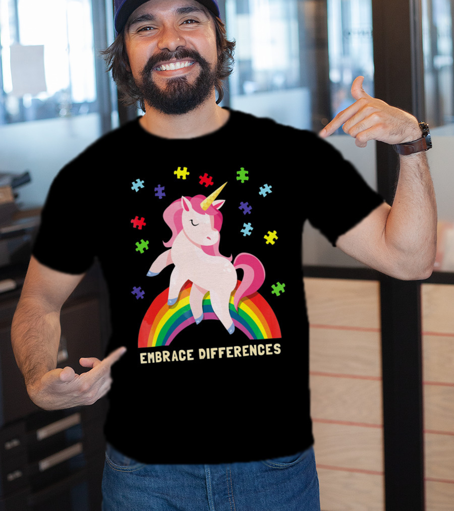 Embrace Differences Autism Awareness Youth Unicorn Rainbow Puzzle Pieces T-Shirt