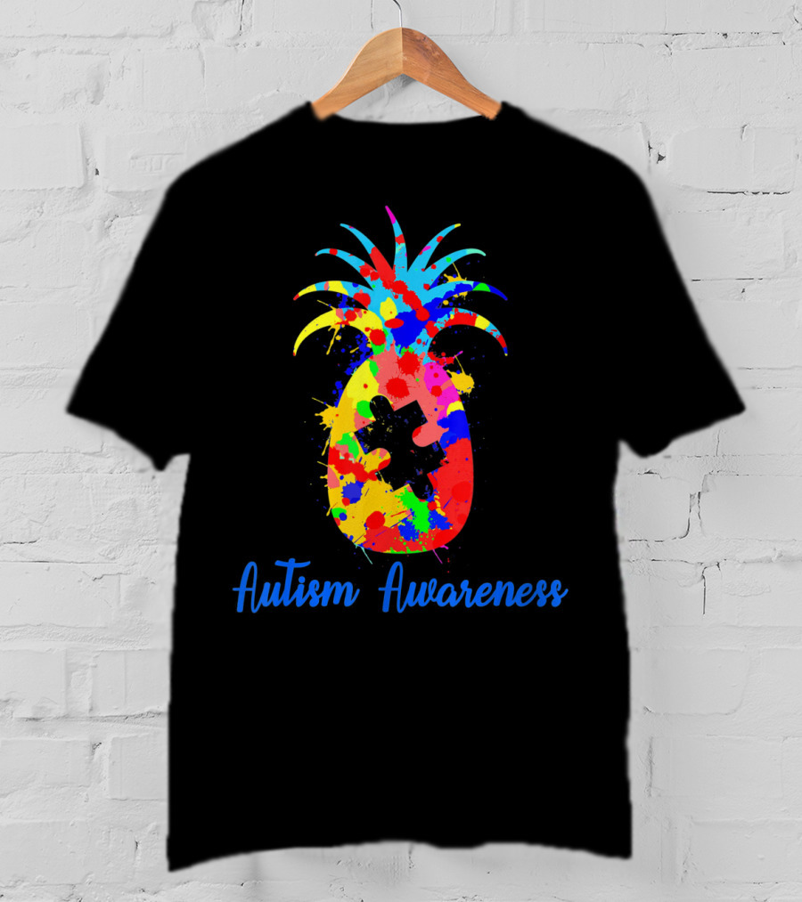 Pineapple Puzzle Piece Autism Awareness Colorful Paint Splatter T-Shirt