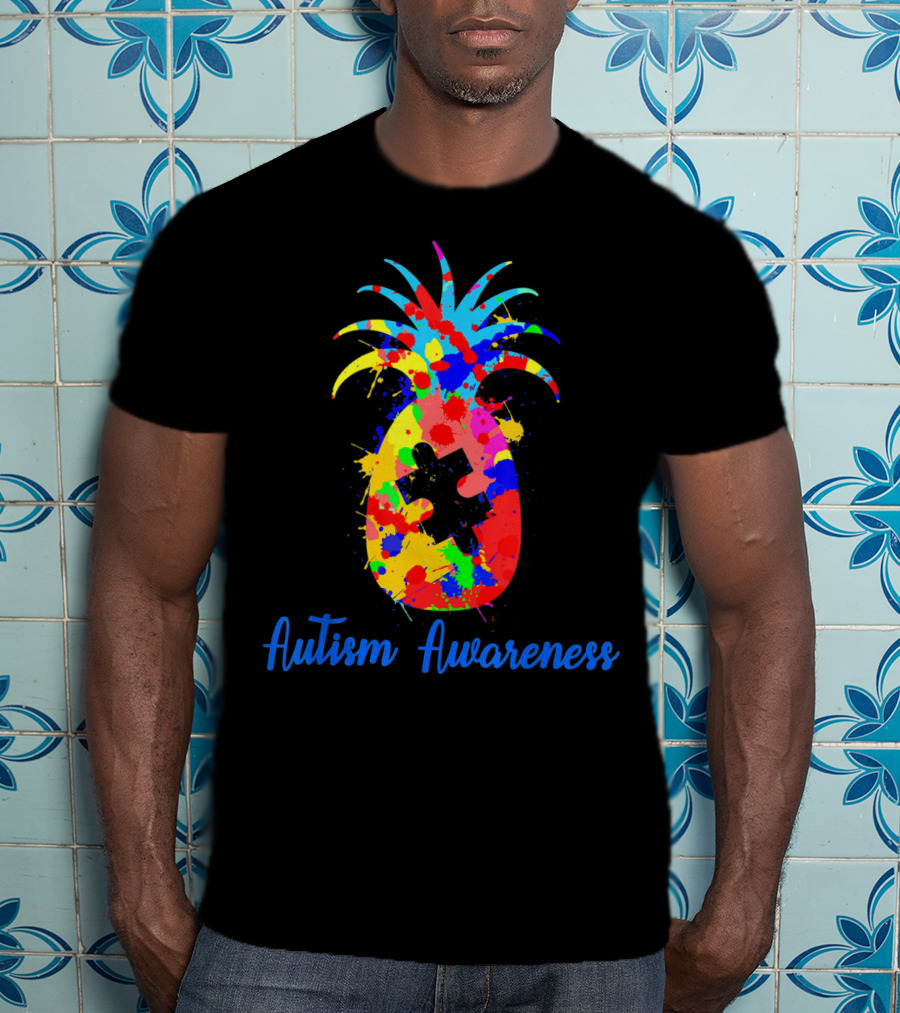 Pineapple Puzzle Piece Autism Awareness Colorful Paint Splatter T-Shirt