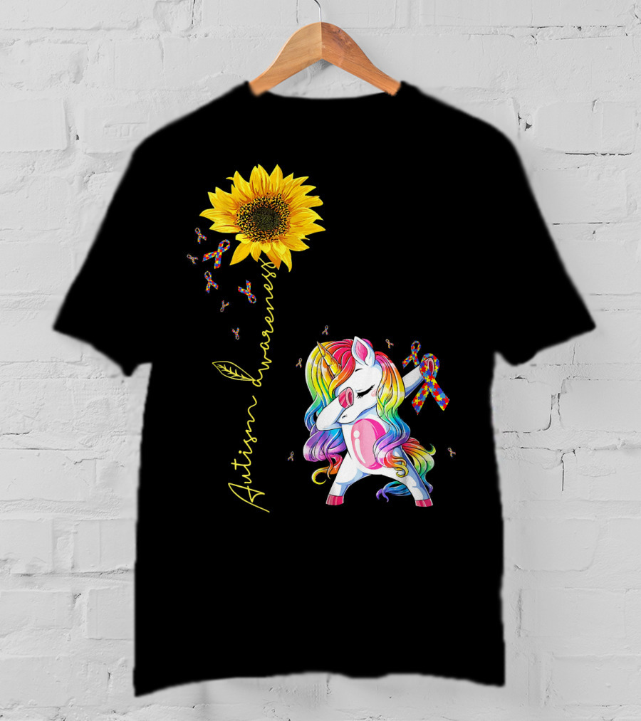 Autism Awareness Unicorn With Rainbow Ribbon Sunflower T-Shirt