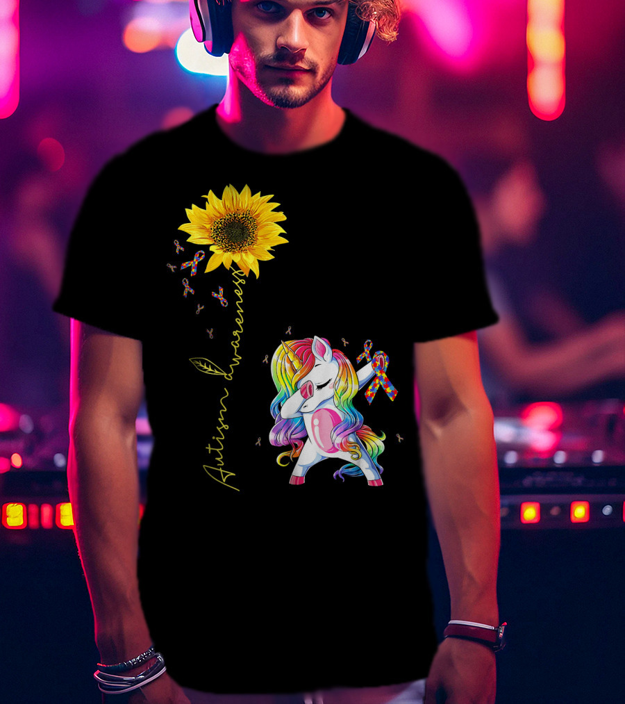 Autism Awareness Unicorn With Rainbow Ribbon Sunflower T-Shirt