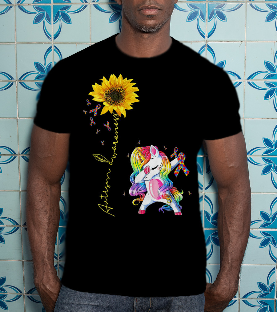 Autism Awareness Unicorn With Rainbow Ribbon Sunflower T-Shirt