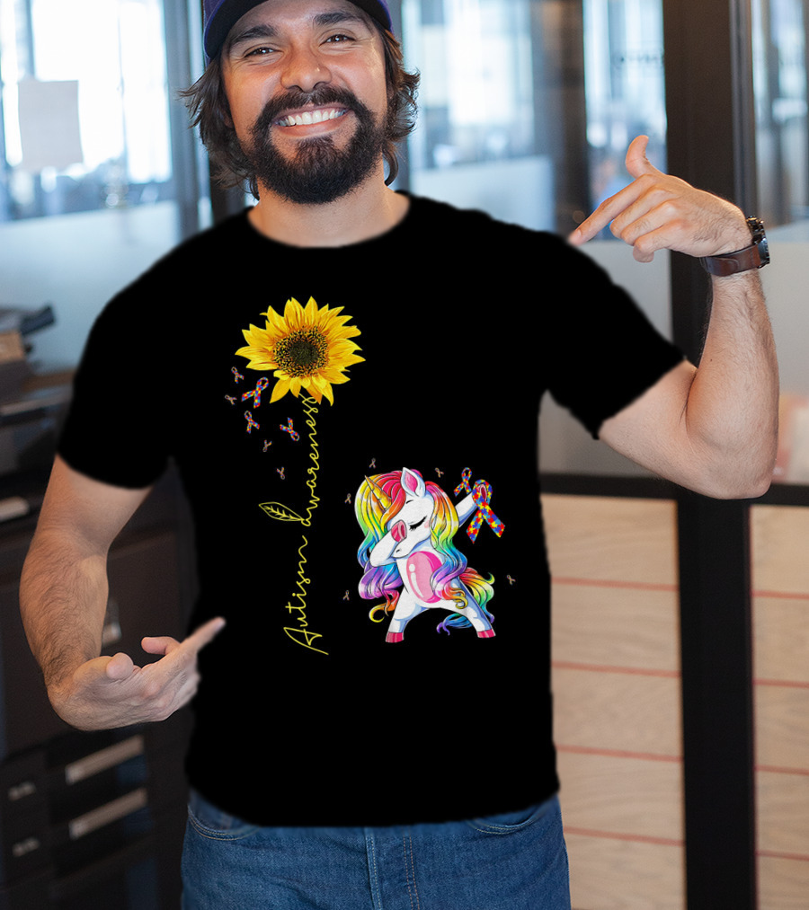 Autism Awareness Unicorn With Rainbow Ribbon Sunflower T-Shirt