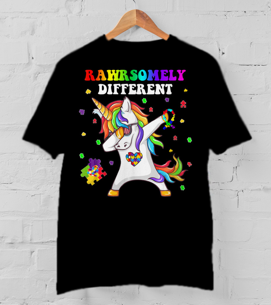 Rawrsomely Different Unicorn Autism Awareness Puzzle Pieces Dabbing T-Shirt