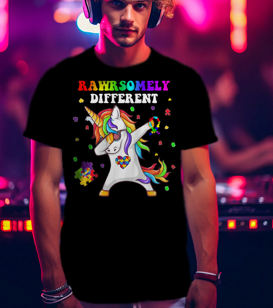 Rawrsomely Different Unicorn Autism Awareness Puzzle Pieces Dabbing T-Shirt