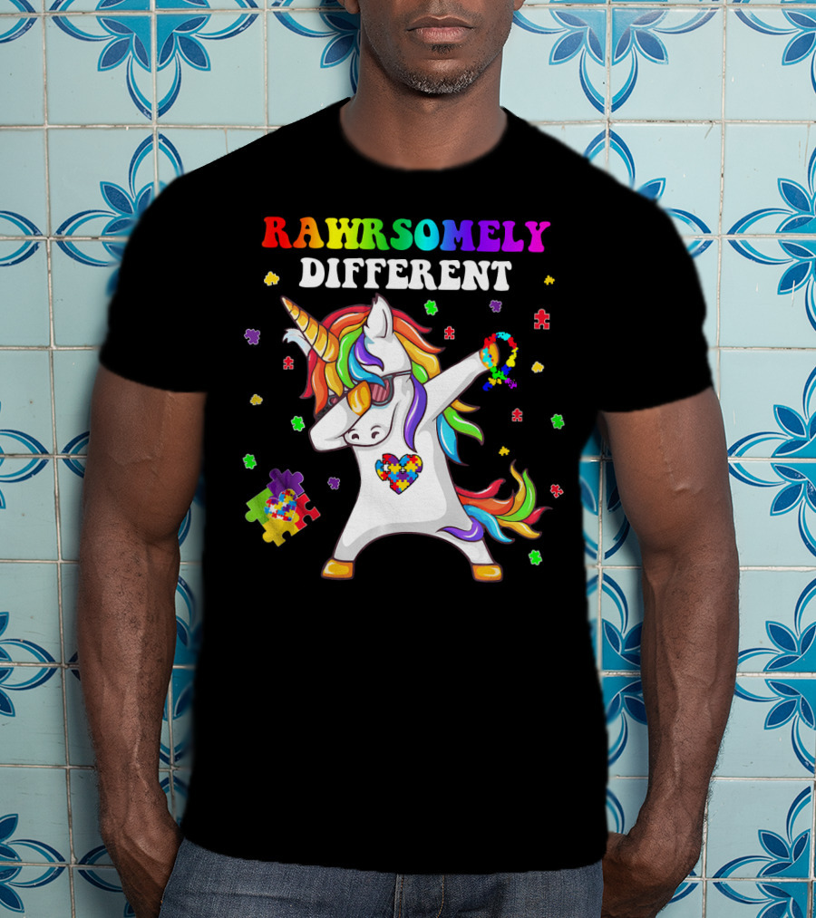 Rawrsomely Different Unicorn Autism Awareness Puzzle Pieces Dabbing T-Shirt