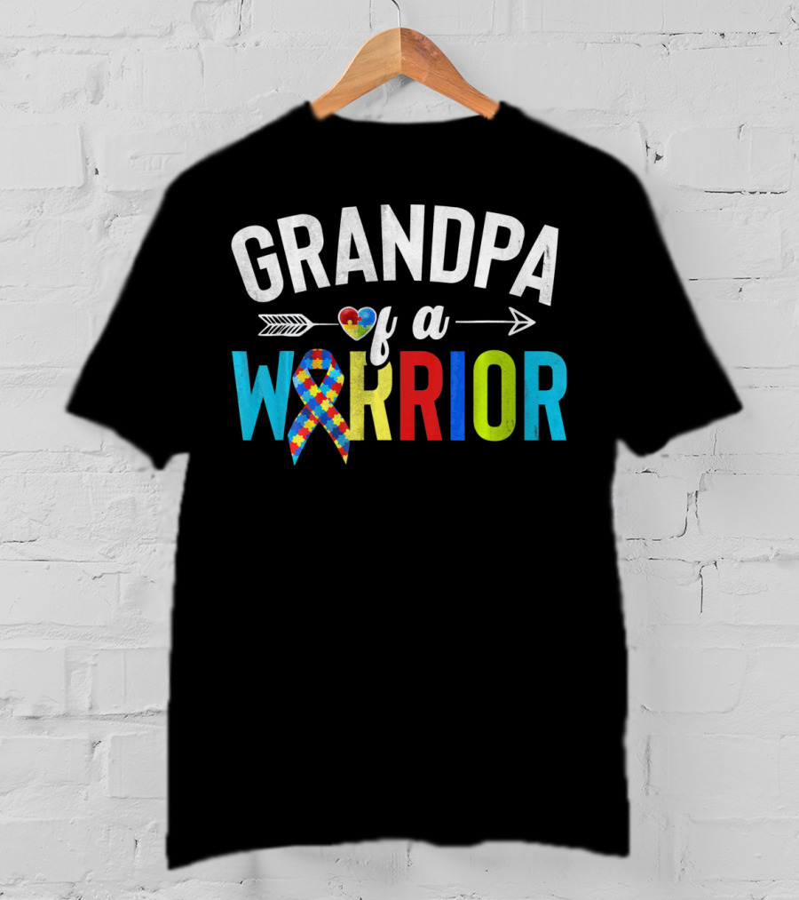 Grandpa Of A Warrior Autism Awareness Puzzle Ribbon Heart T-Shirt