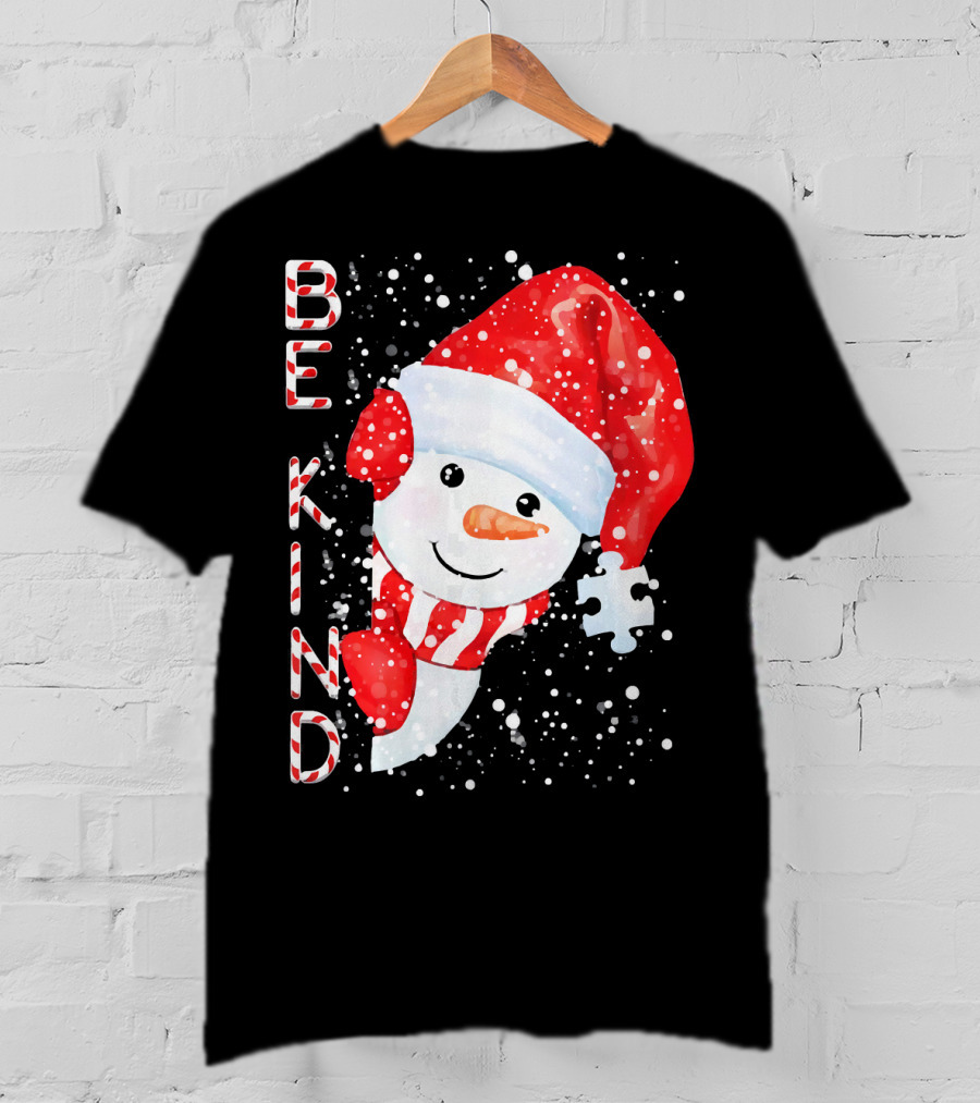Be Kind Snowman Santa Hat Autism Puzzle Piece Holiday T-Shirt