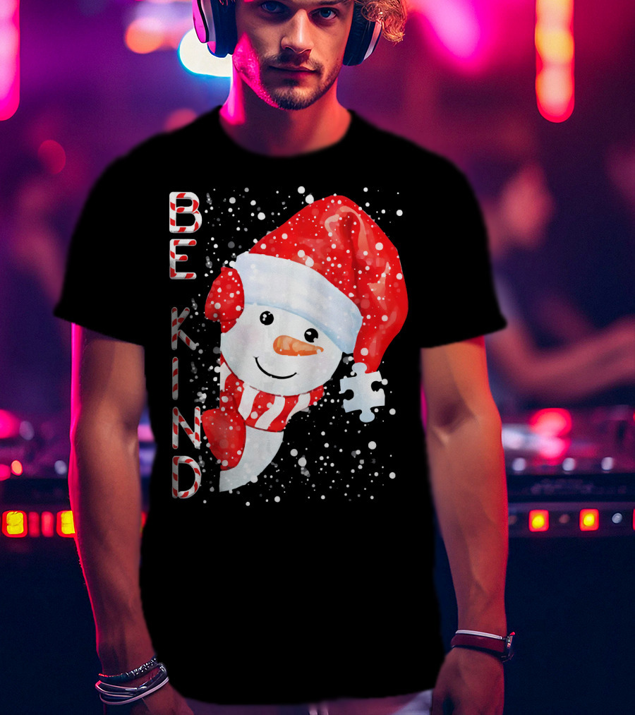 Be Kind Snowman Santa Hat Autism Puzzle Piece Holiday T-Shirt