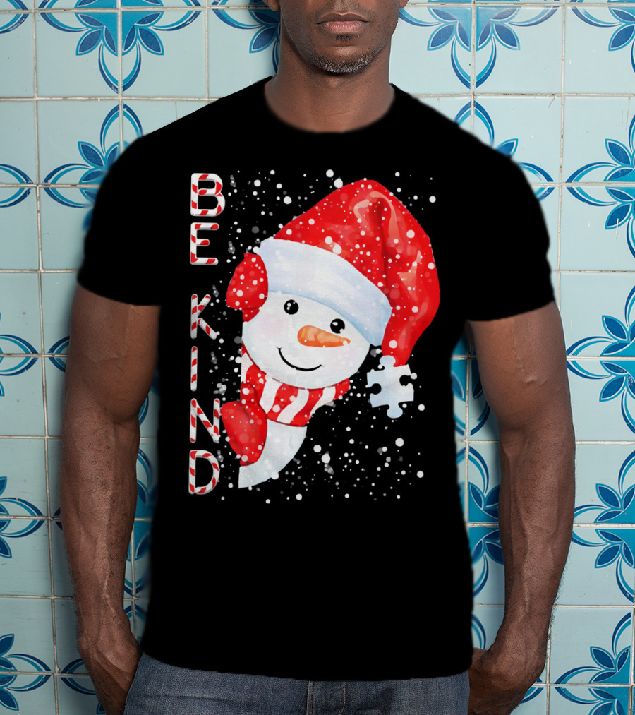 Be Kind Snowman Santa Hat Autism Puzzle Piece Holiday T-Shirt
