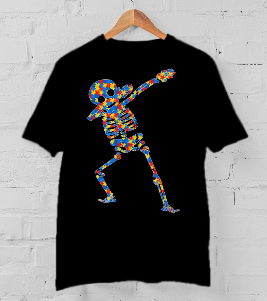 Halloween Autism Skeleton Dabbing Puzzle Pattern Awareness T-Shirt