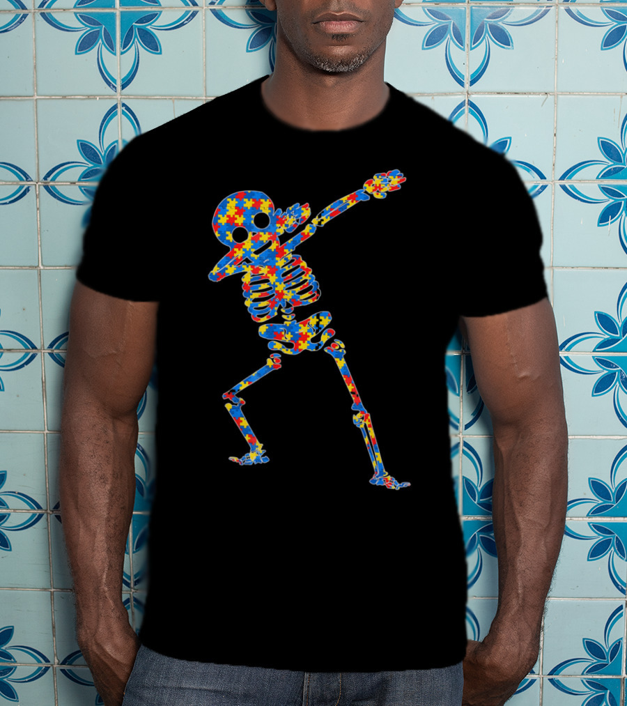 Halloween Autism Skeleton Dabbing Puzzle Pattern Awareness T-Shirt