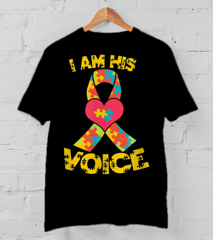 I Am His Voice Autism Awareness Puzzle Ribbon Heart T-Shirt