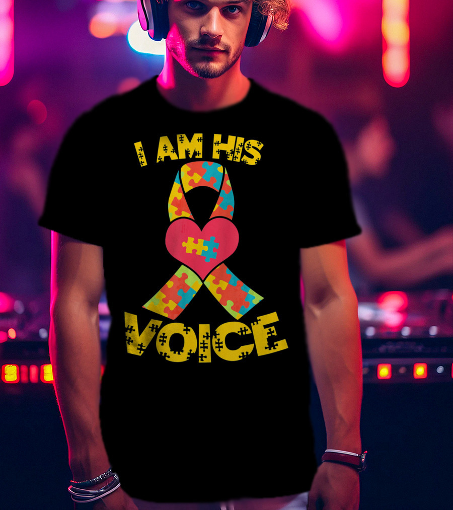 I Am His Voice Autism Awareness Puzzle Ribbon Heart T-Shirt