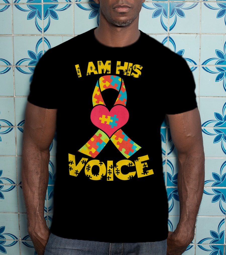 I Am His Voice Autism Awareness Puzzle Ribbon Heart T-Shirt