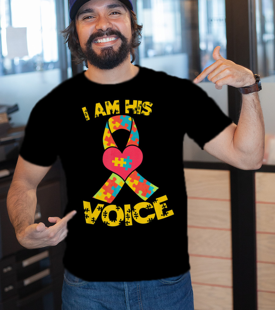 I Am His Voice Autism Awareness Puzzle Ribbon Heart T-Shirt