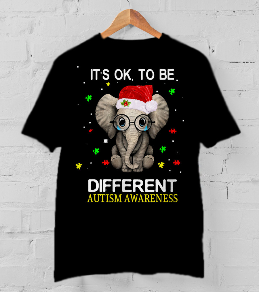 Its OK To Be Different Elephant Autism Awareness Santa Hat Puzzle Pieces T-Shirt