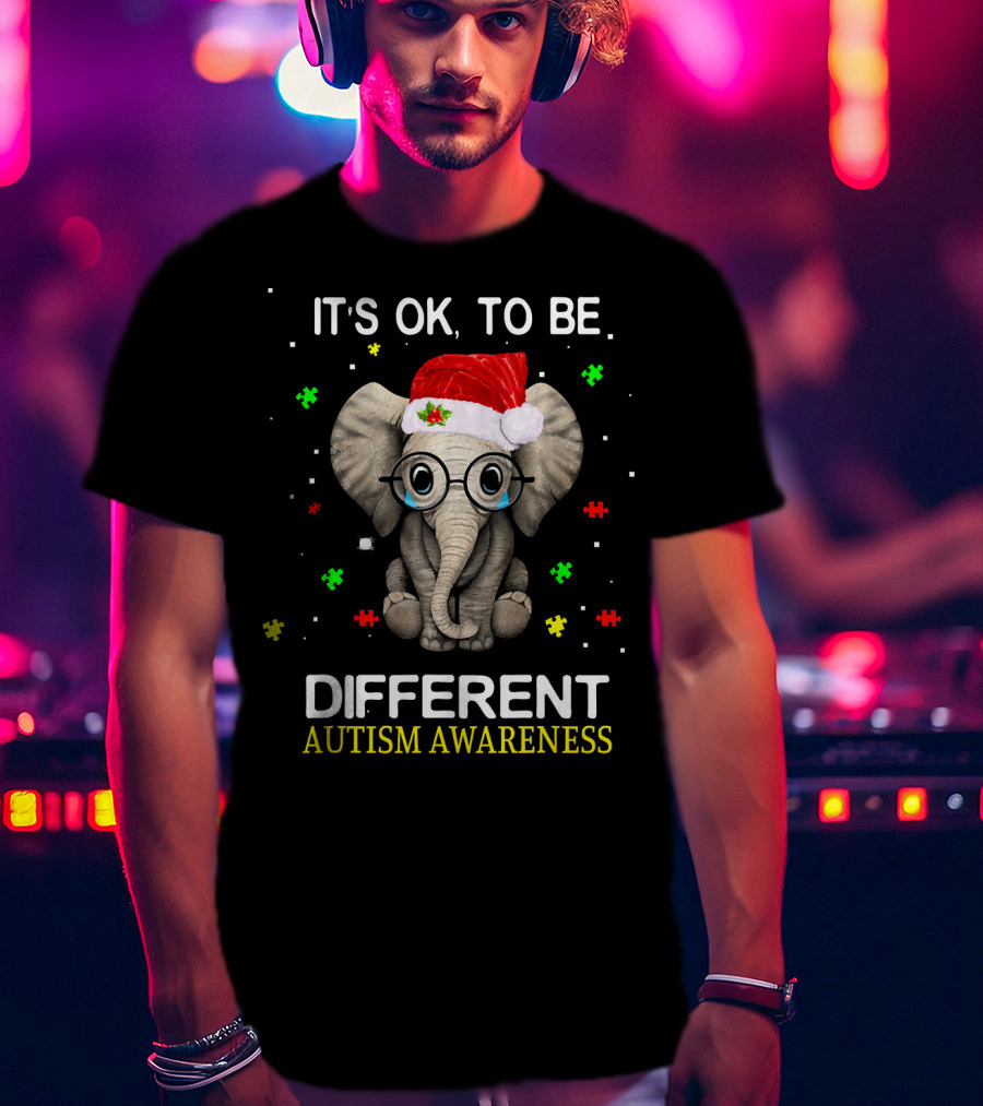 Its OK To Be Different Elephant Autism Awareness Santa Hat Puzzle Pieces T-Shirt
