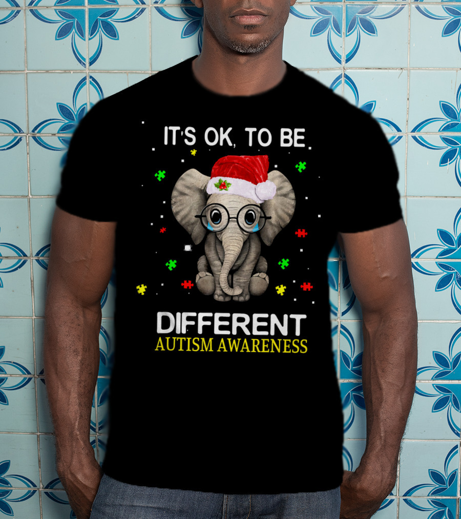 Its OK To Be Different Elephant Autism Awareness Santa Hat Puzzle Pieces T-Shirt