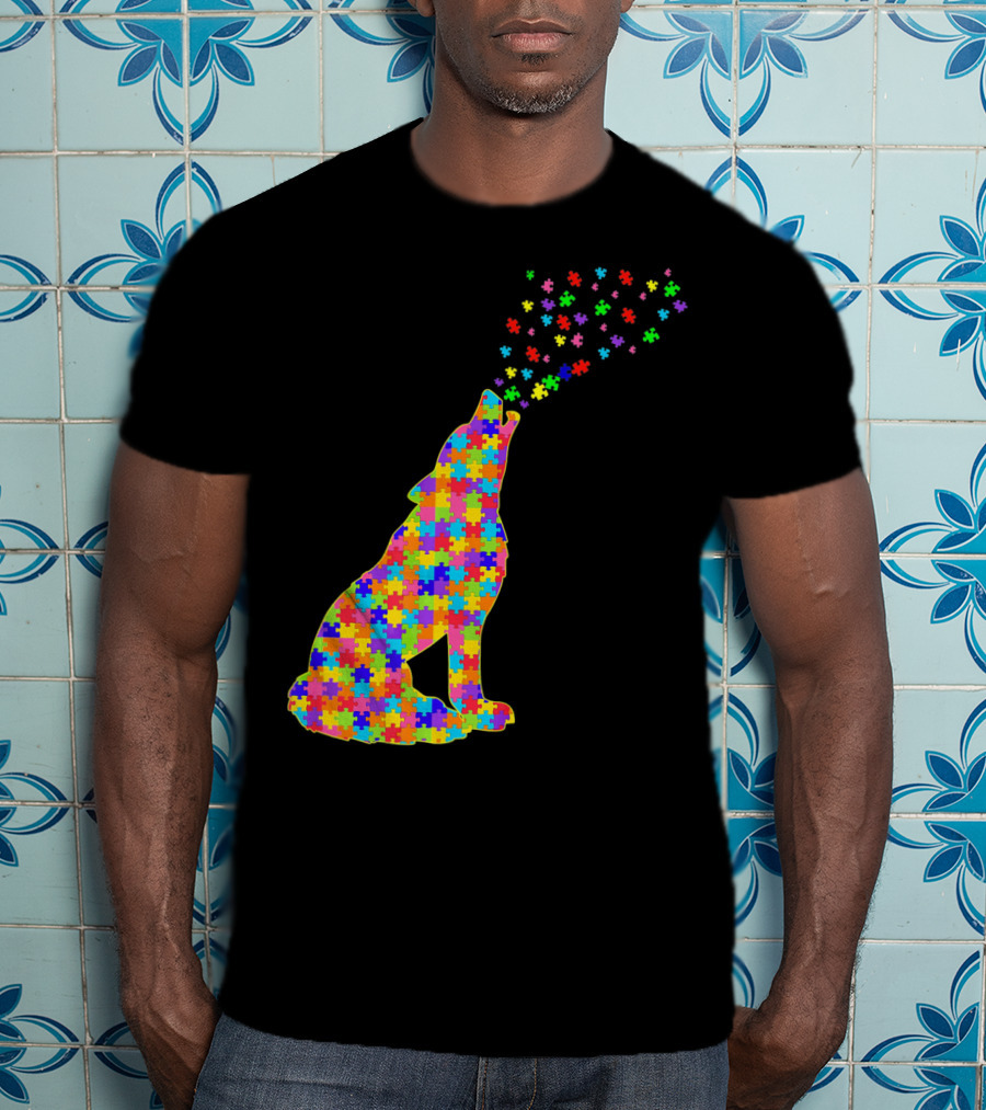 Wolf Puzzle Autism Awareness Puzzle Pieces T-Shirt