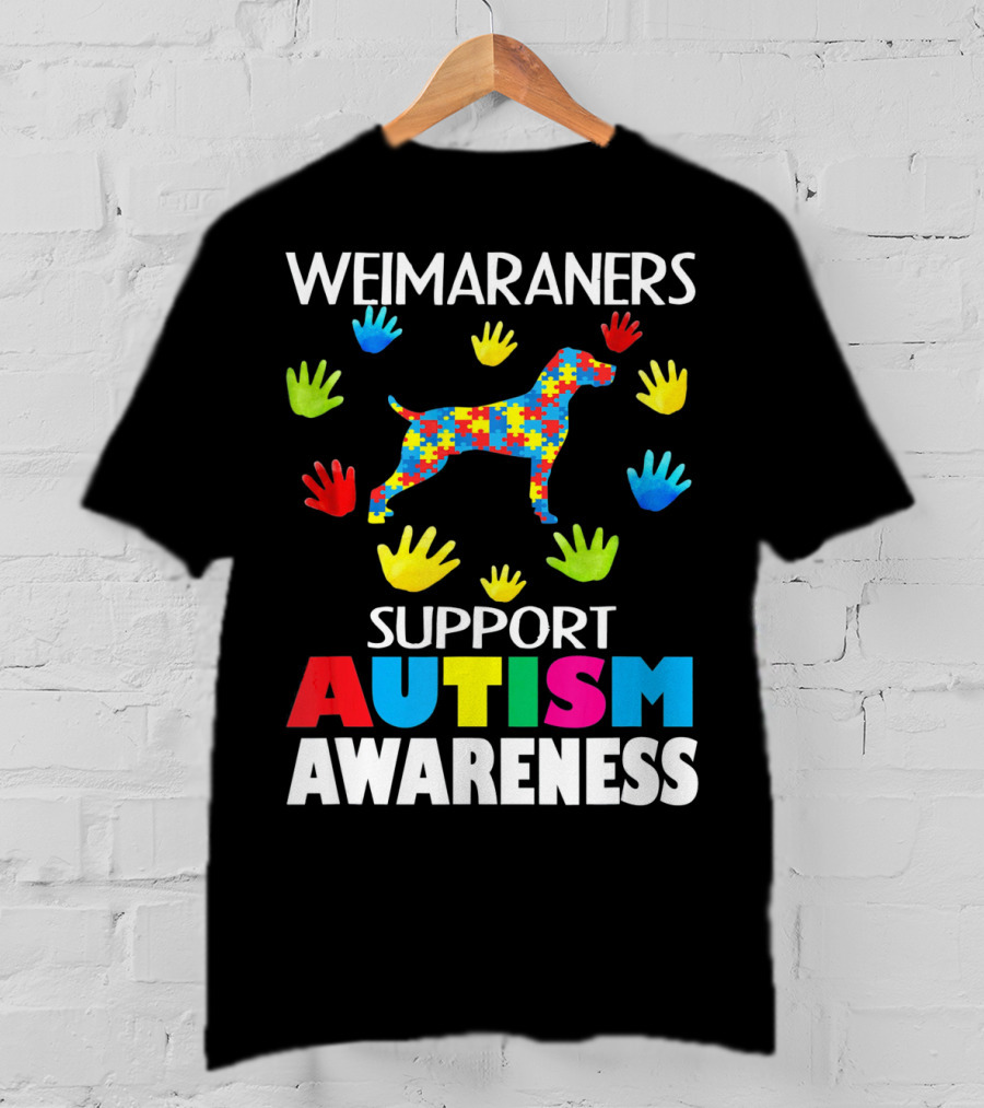 Weimaraners Support Autism Awareness Puzzle Piece Dog With Colorful Hands T-Shirt