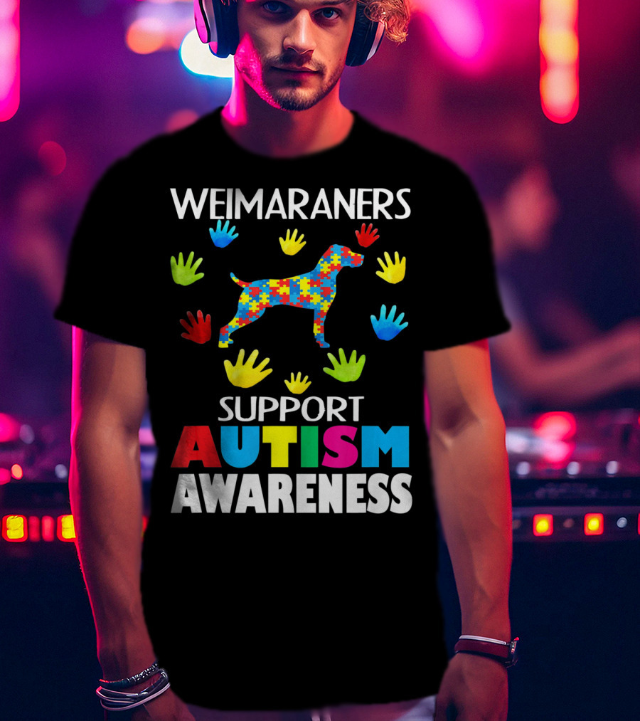 Weimaraners Support Autism Awareness Puzzle Piece Dog With Colorful Hands T-Shirt