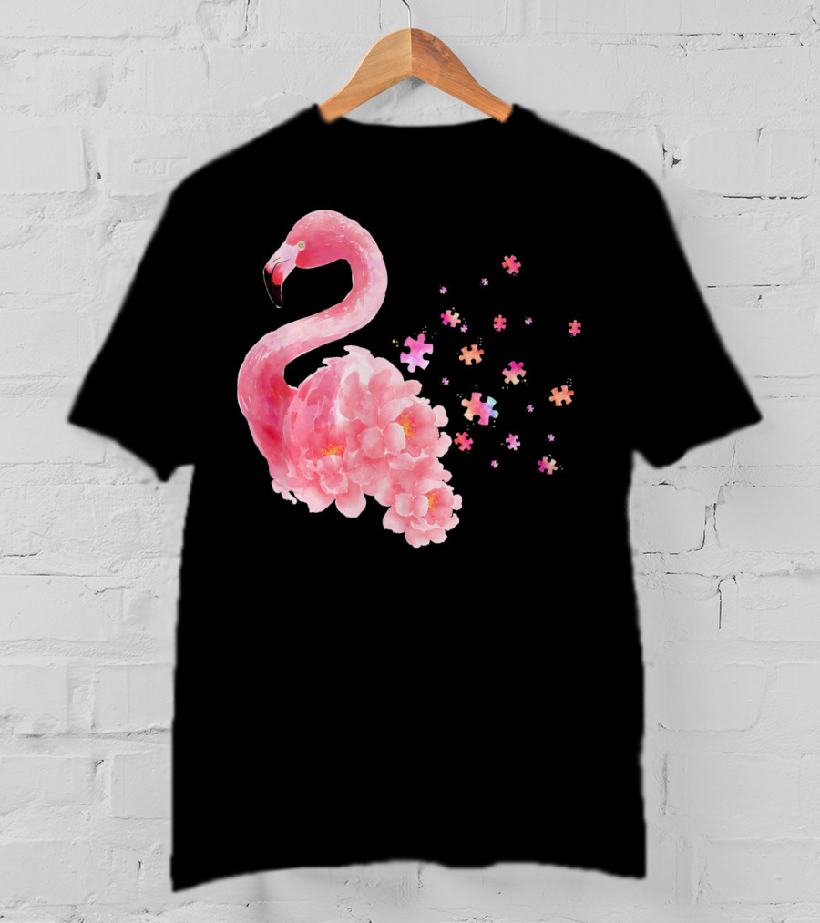 Flamingo Puzzle Autism Awareness Floral Elements T-Shirt