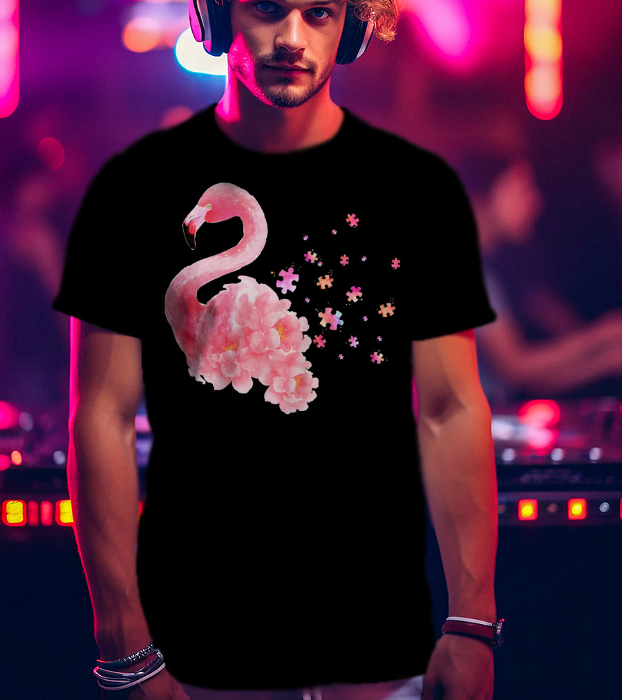 Flamingo Puzzle Autism Awareness Floral Elements T-Shirt