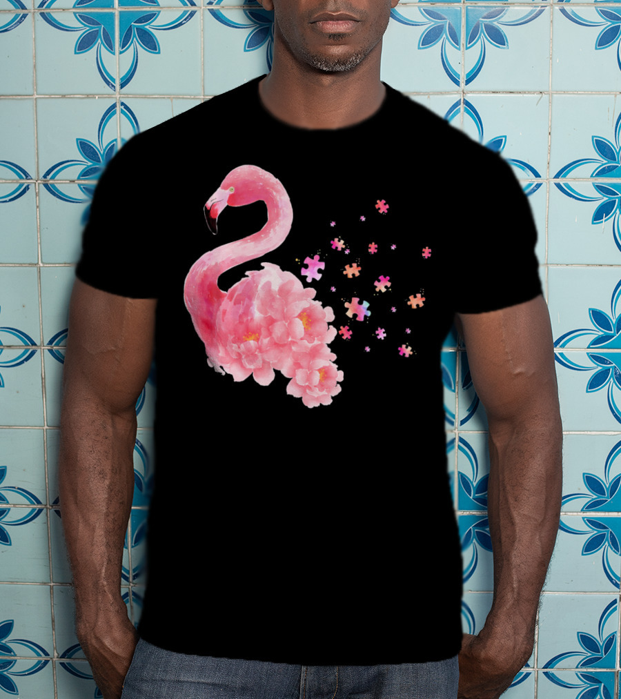 Flamingo Puzzle Autism Awareness Floral Elements T-Shirt