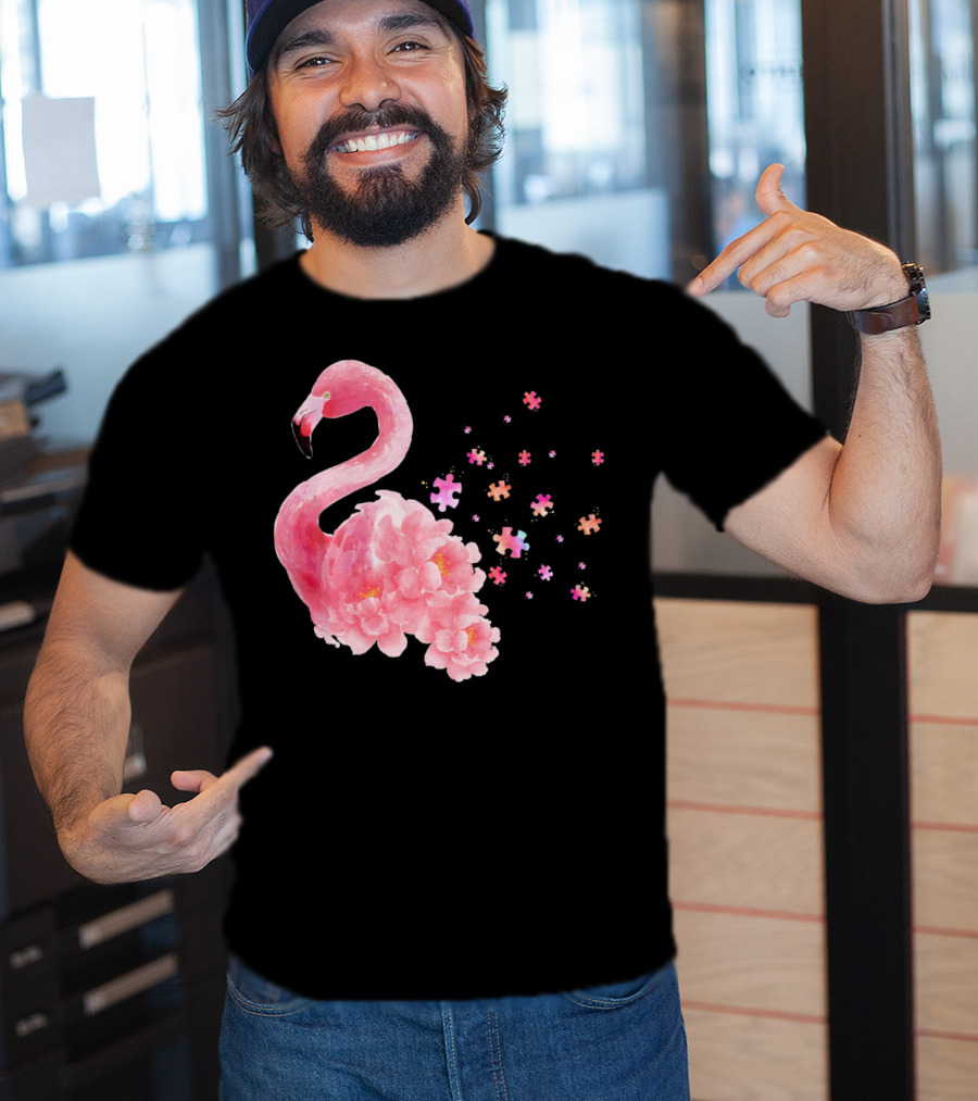 Flamingo Puzzle Autism Awareness Floral Elements T-Shirt