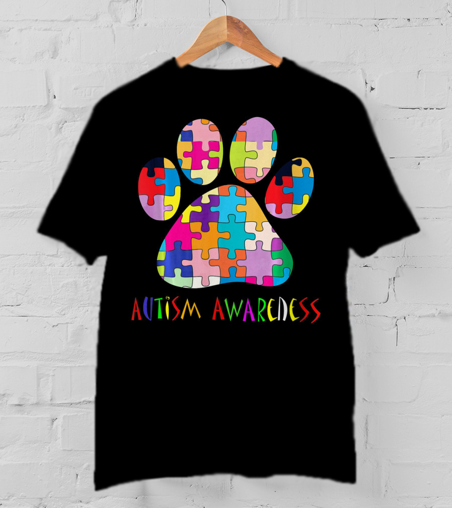 Autism Awareness Colorful Puzzle Dog Paw T-Shirt