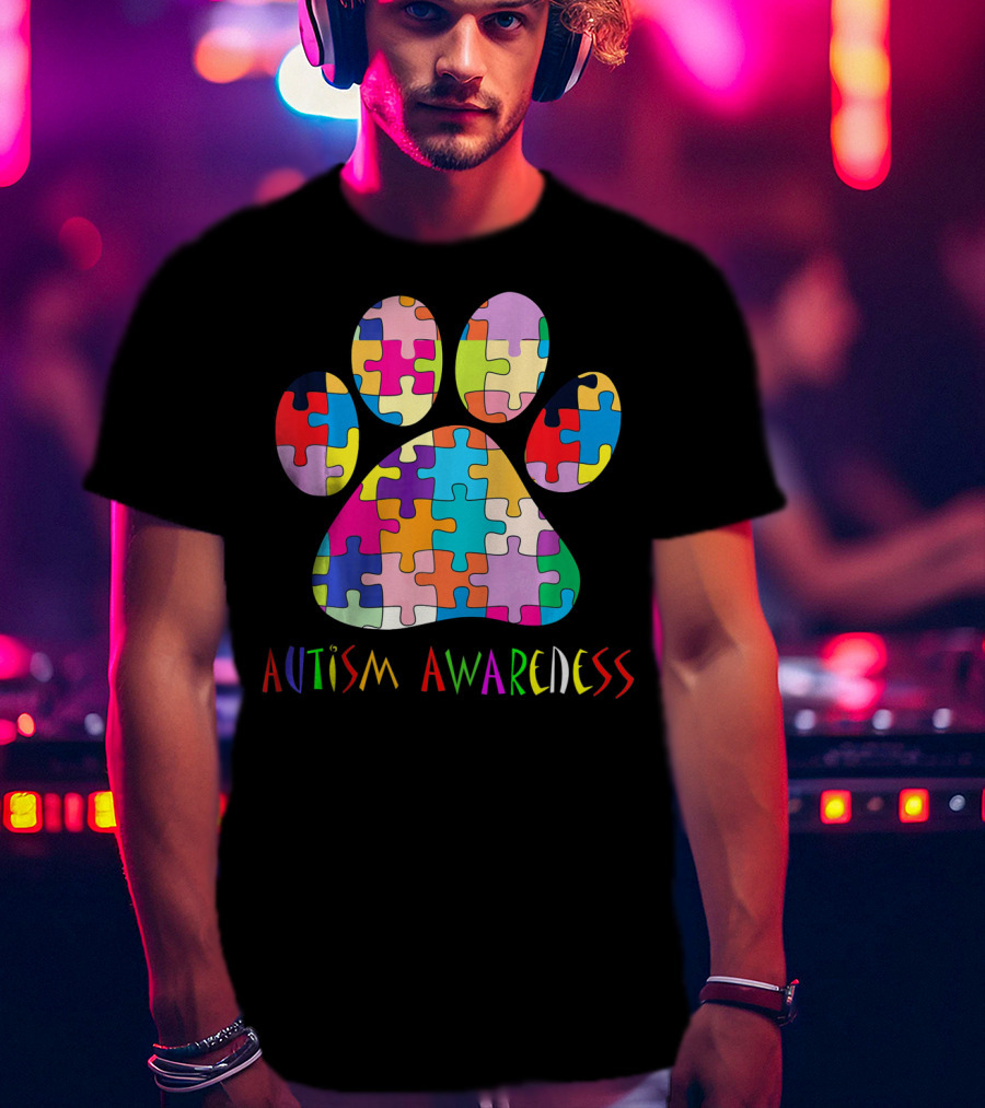 Autism Awareness Colorful Puzzle Dog Paw T-Shirt