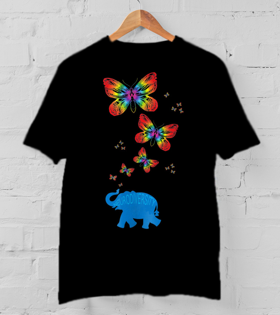 Neurodiversity Autism Elephant With Rainbow Butterflies T-Shirt