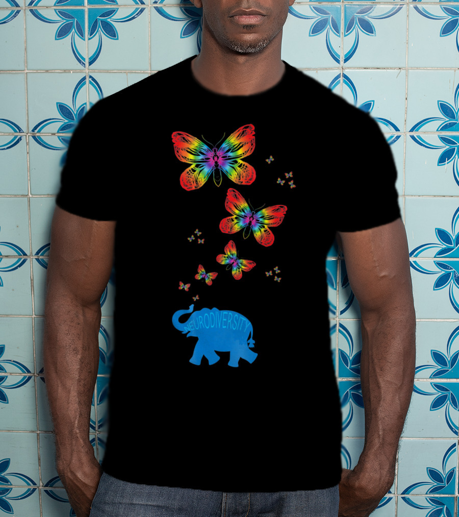 Neurodiversity Autism Elephant With Rainbow Butterflies T-Shirt
