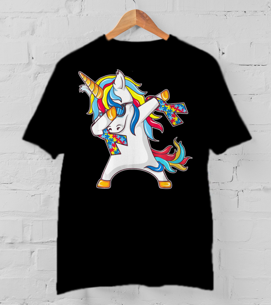 Autism Awareness Unicorn With Colorful Puzzle Dabbing Pose T-Shirt