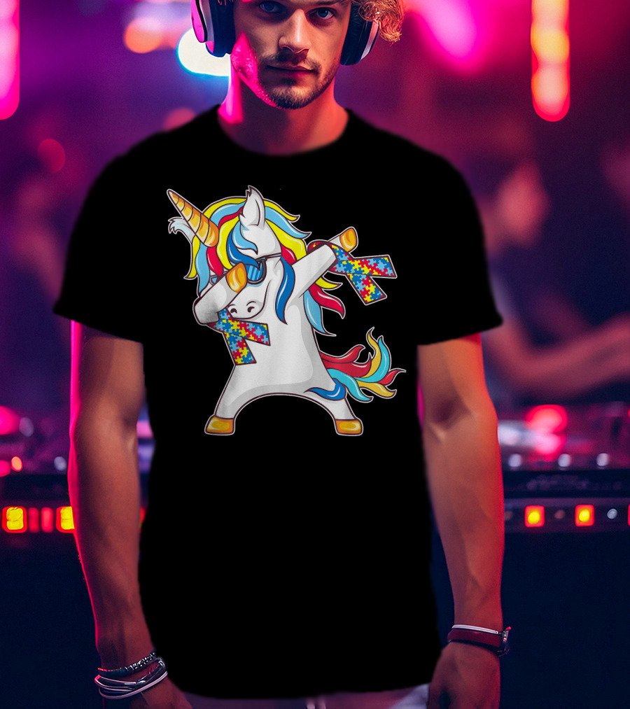 Autism Awareness Unicorn With Colorful Puzzle Dabbing Pose T-Shirt