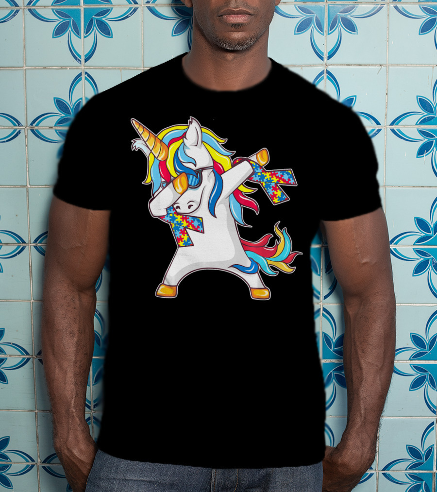 Autism Awareness Unicorn With Colorful Puzzle Dabbing Pose T-Shirt