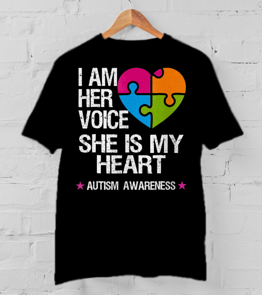 I Am Her Voice She Is My Heart Autism Awareness Puzzle Heart T-Shirt