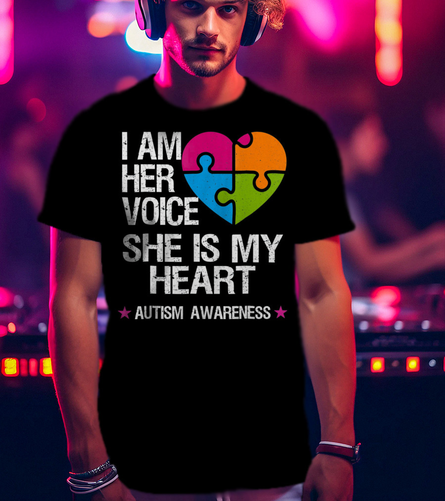 I Am Her Voice She Is My Heart Autism Awareness Puzzle Heart T-Shirt
